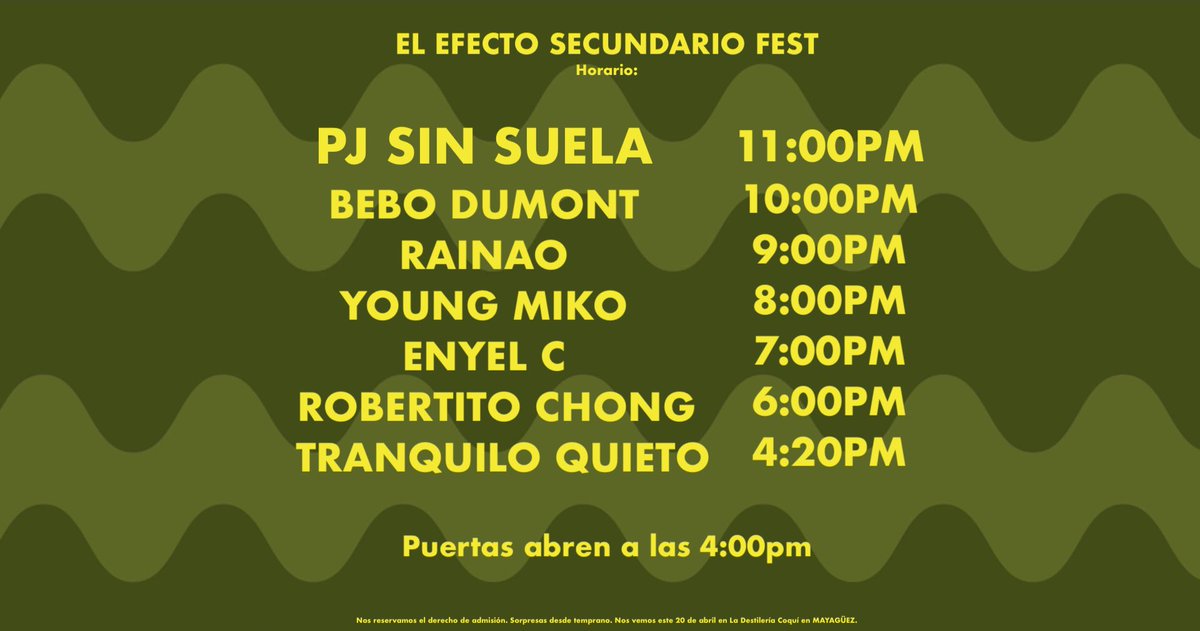 #MAYAGÜEZ (T-1) Nos vemos mañana, 20 de abril, a las 4:20pm en La Destilería Coquí. Muchas energías lindas, música 🔥🔥🔥, food trucks, munchies, amistades y party. #ElEfectoSecundarioFEST