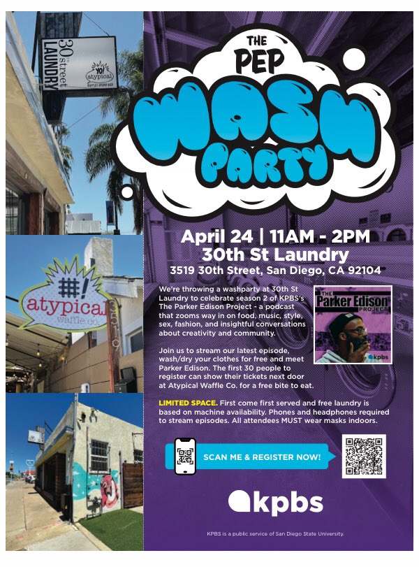 PRKRedison's tweet photo. From 11am-2pm #Apr24 we invite you to stop into 30th st laundry and wash/dry your clothes for free. 1st 30ppl to register on @eventbrite can show their tix at @atypicalwaffle for a free bite to eat #NorthPark #NPR #Laundryday #Waffles #MeridienArts #KPBS #PlatformCollection https://t.co/ruVXvssGcc