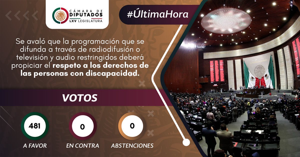 Por unanimidad en la <a href="/Mx_Diputados/">H. Cámara de Diputados</a> avalamos que en la programación de 📻 y  📺 se respeten los derechos de las personas con discapacidad.
