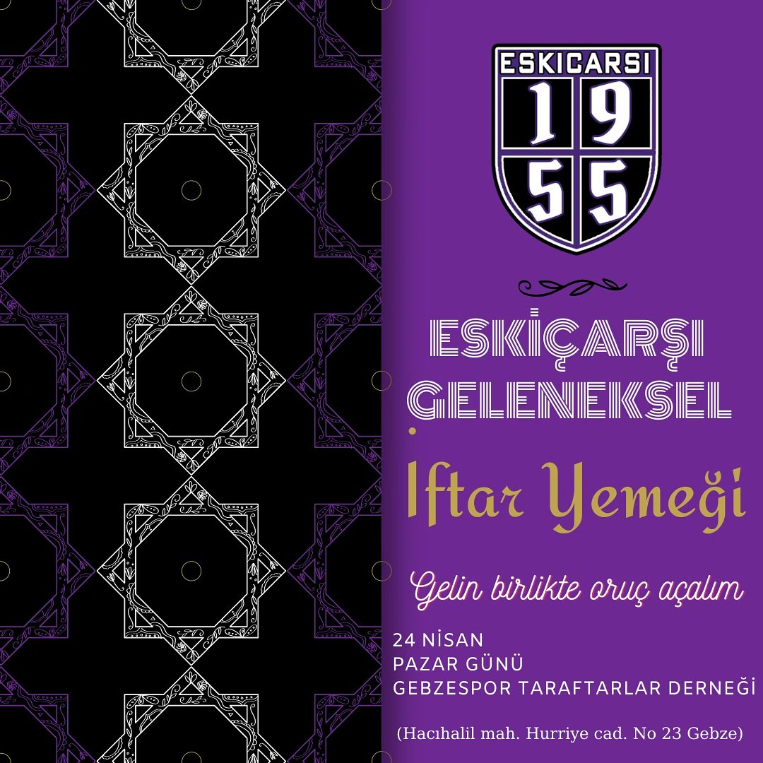 Geleneksel ESKİÇARŞI iftar yemeğimize
Tüm taraftarlarımız davetlidir. 

📍24 NİSAN Pazar
📍Gebzespor taraftarlar derneği