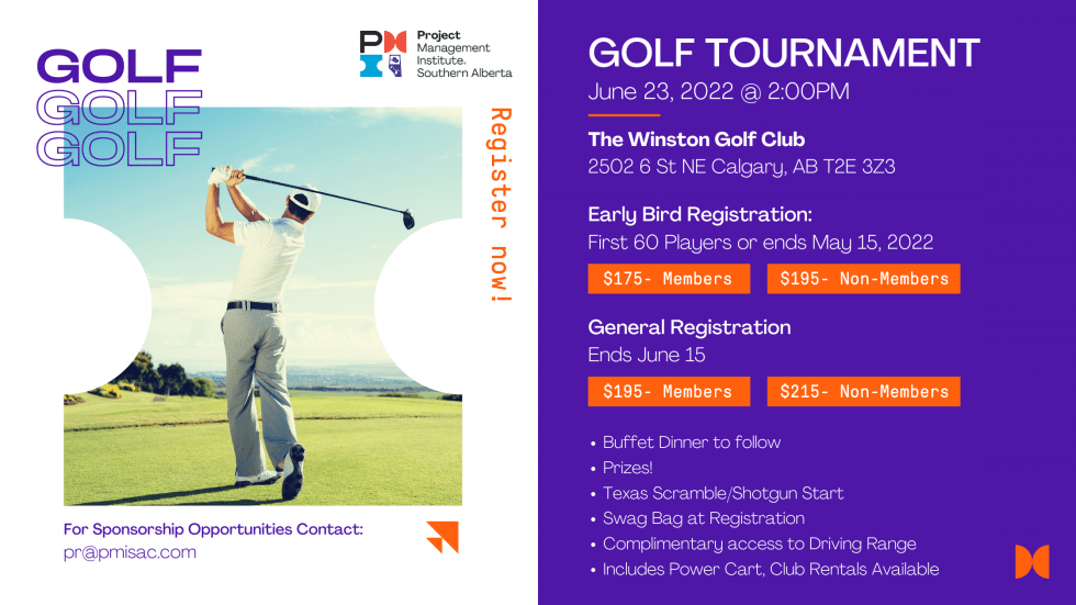pmi_sac's tweet photo. Early Bird Registration for our 2022 PMI-SAC Golf Tournament @thewinstongc is open until May 15th, only 60 spots available!
 
• Member $175
• Non-Member 

Registration includes access to the driving range &amp; dinner buffet. 

REGISTER NOW: https://t.co/OutkqMJgVH
#YYCGolf #YYC https://t.co/YcBXzZrBW8