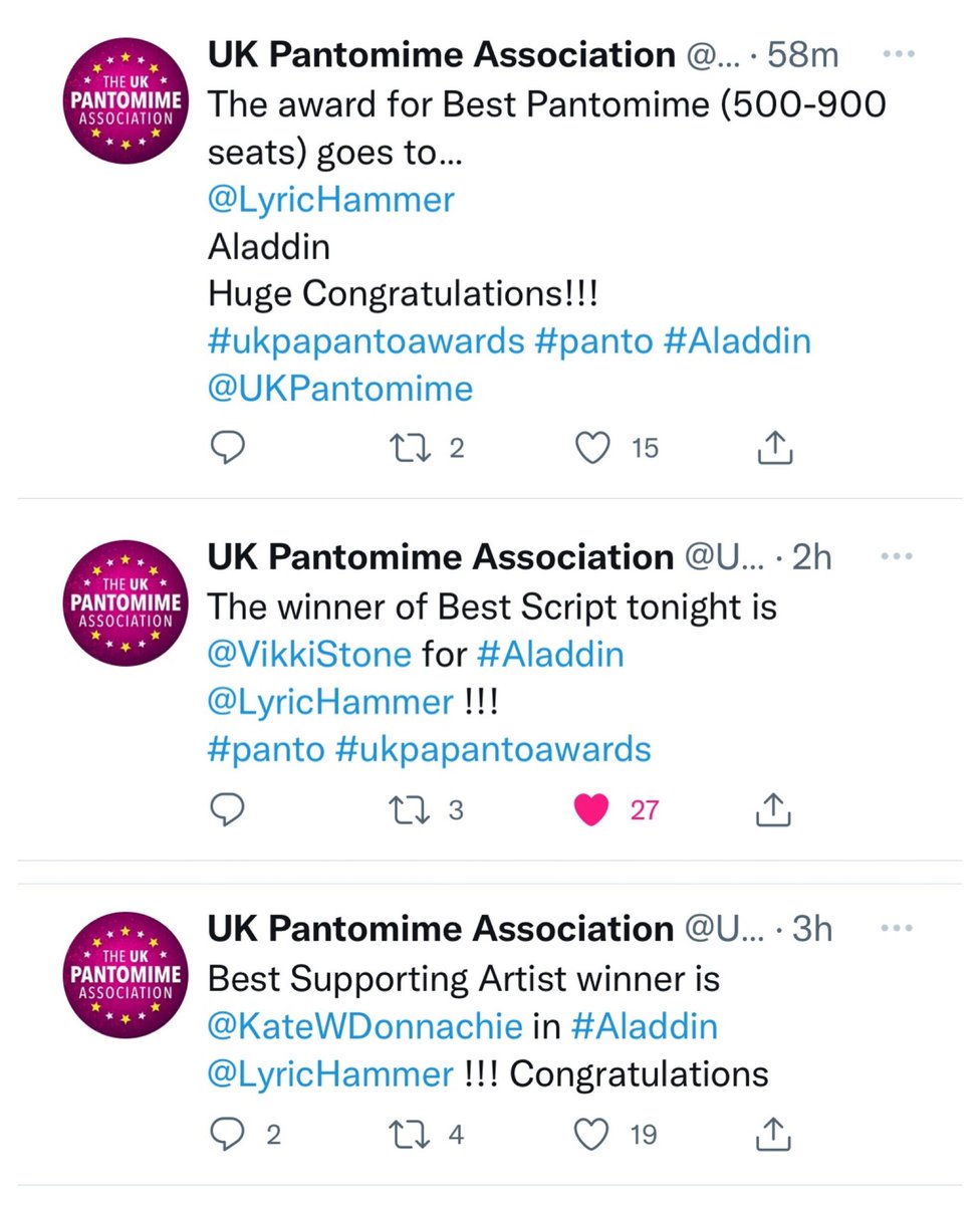 IrvineIqbal's tweet photo. Congrats Aladdin @LyricHammer for winning 3 Awards @UKPantomime @vikkistone @KateWDonnachie ✊🏽👏🏽#CleanSweep #TeamAladdin https://t.co/PcWLJucLhg