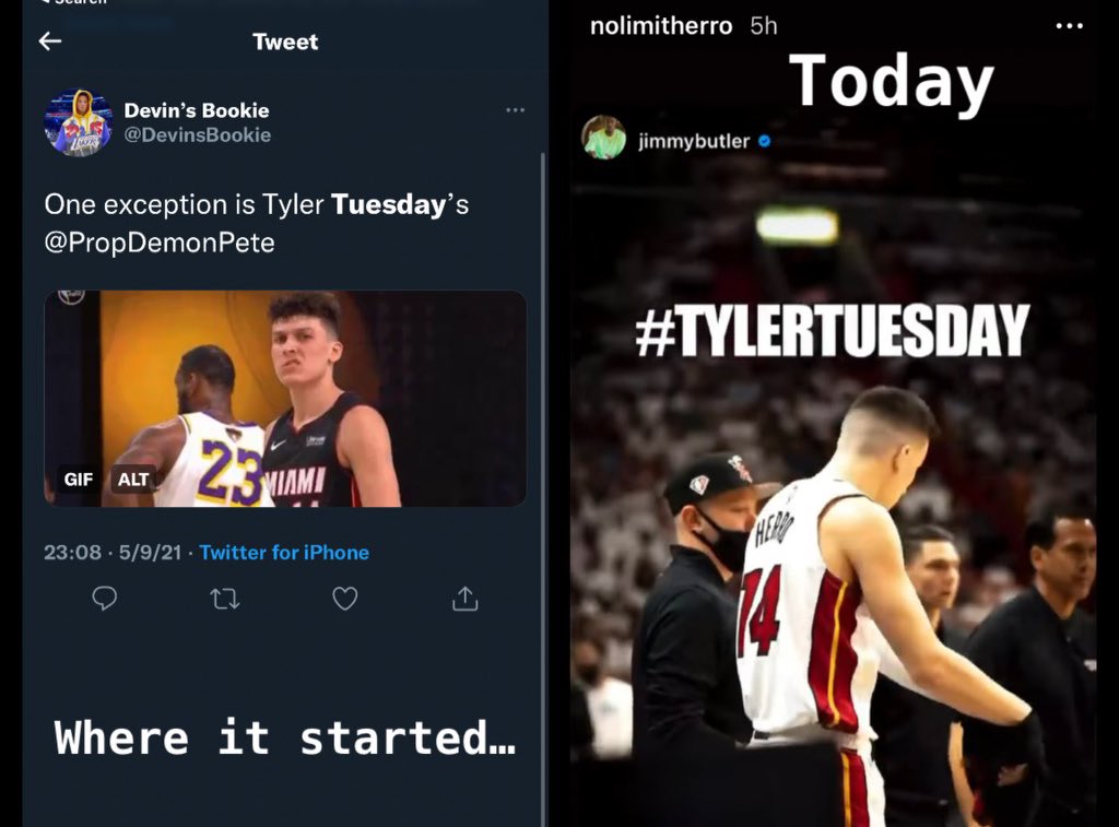 DevinsBookie's tweet photo. The first evidence of Tyler Tuesday on the Left from 5/9/21. How far we’ve come on the Right. Tonight is a big night for #GamblingTwitter &amp; we will all have a new Herro. Good vibes. 👊 https://t.co/LT1AMf6F4q
