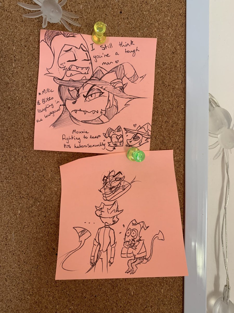 Caffe1neW1tch's tweet photo. My sister drew these at work, now they live on my cork board #HelluvaBoss #Strixxie https://t.co/C3rGVu92pl