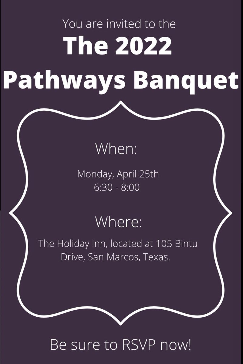 You're invited! Be sure to RSVP!
To get involved with #pathwaysmentoring shoot us an email at pathways@smcisd.net
-
- 
 #pathways #pathwaysmentoring #sanmarcos #rattlers #findyourroad #mentor #mentoring #strikeasone #gorattlers #gearup #goodnightmiddleschool #millermiddleschool