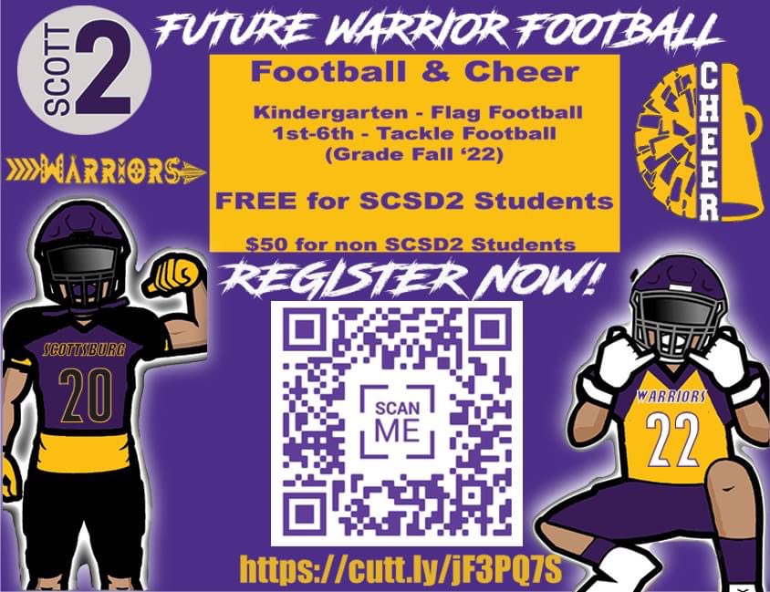 Have a child in grades K-6 (Fall '22)? SIGN UP NOW FOR FALL FOOTBALL OR CHEERLEADING! Due to the current uncertainty of the supply chain, we are trying to get an accurate count ASAP in order to ensure every participant has the equipment they need. cutt.ly/jF3PQ7S