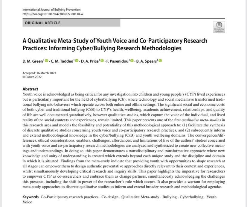 BarbaraASpears's tweet photo. Our new qualitative meta study of youth voice and co-participatory  research practices ⁦@UniversitySA⁩ ⁦@UniSA_CRESI⁩ ⁦@unisaresearch⁩ ⁦@carmeltaddeo⁩ https://t.co/Wulpo1jDry