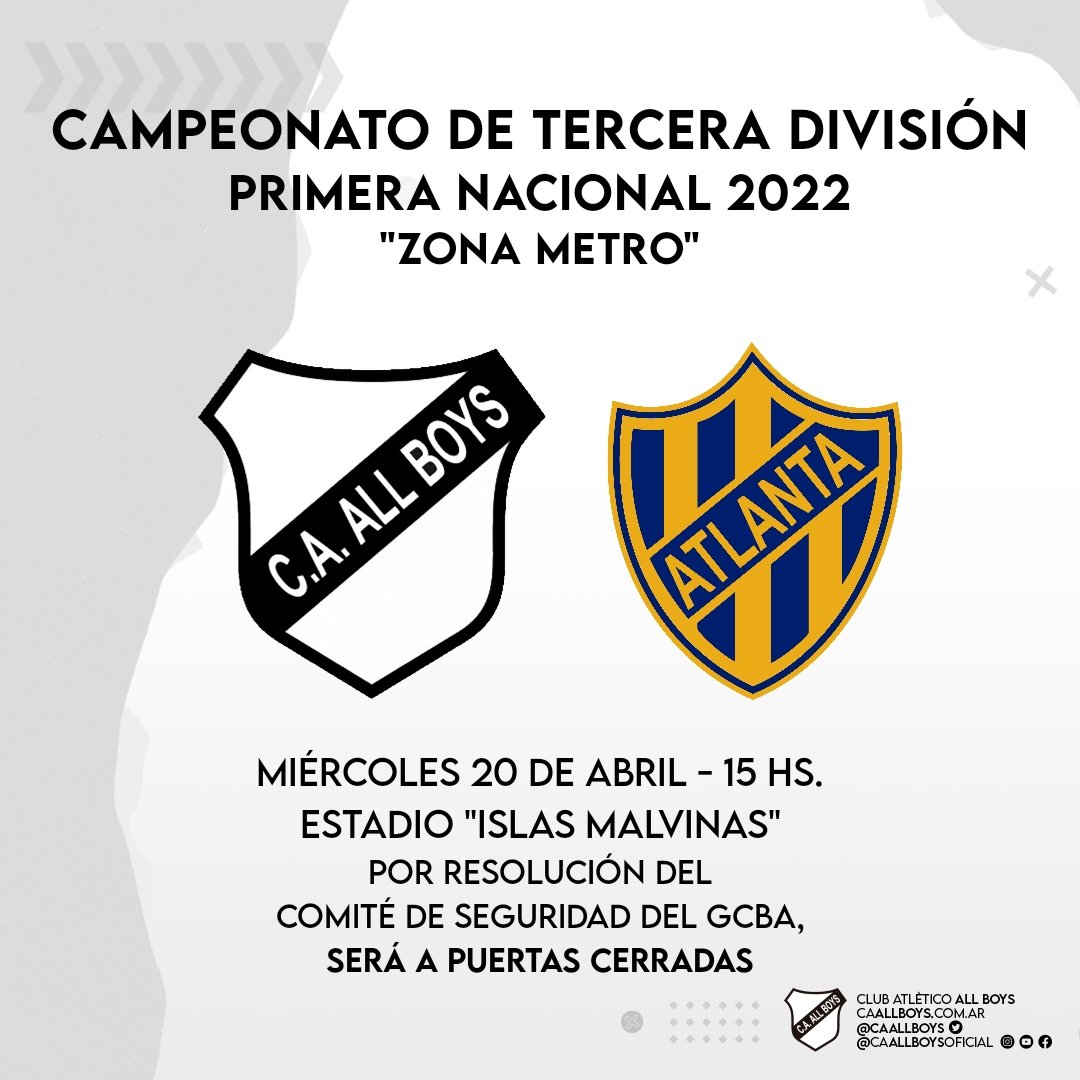 caallboys's tweet photo. [FÚTBOL MASCULINO] #TERCERA1raN ⚽️ Por la Fecha 4 del "Campeonato de Tercera 2022 - Zona Metro" de #AFA, #AllBoys se enfrentará a #Atlanta en el Islas Malvinas 🏟️

⚠️ Por Resolución del Comité de Seguridad del GCBA, se jugará a puertas cerradas

🤍🖤 #VamosAllBoys 🖤🤍 https://t.co/TYxz9n18gv