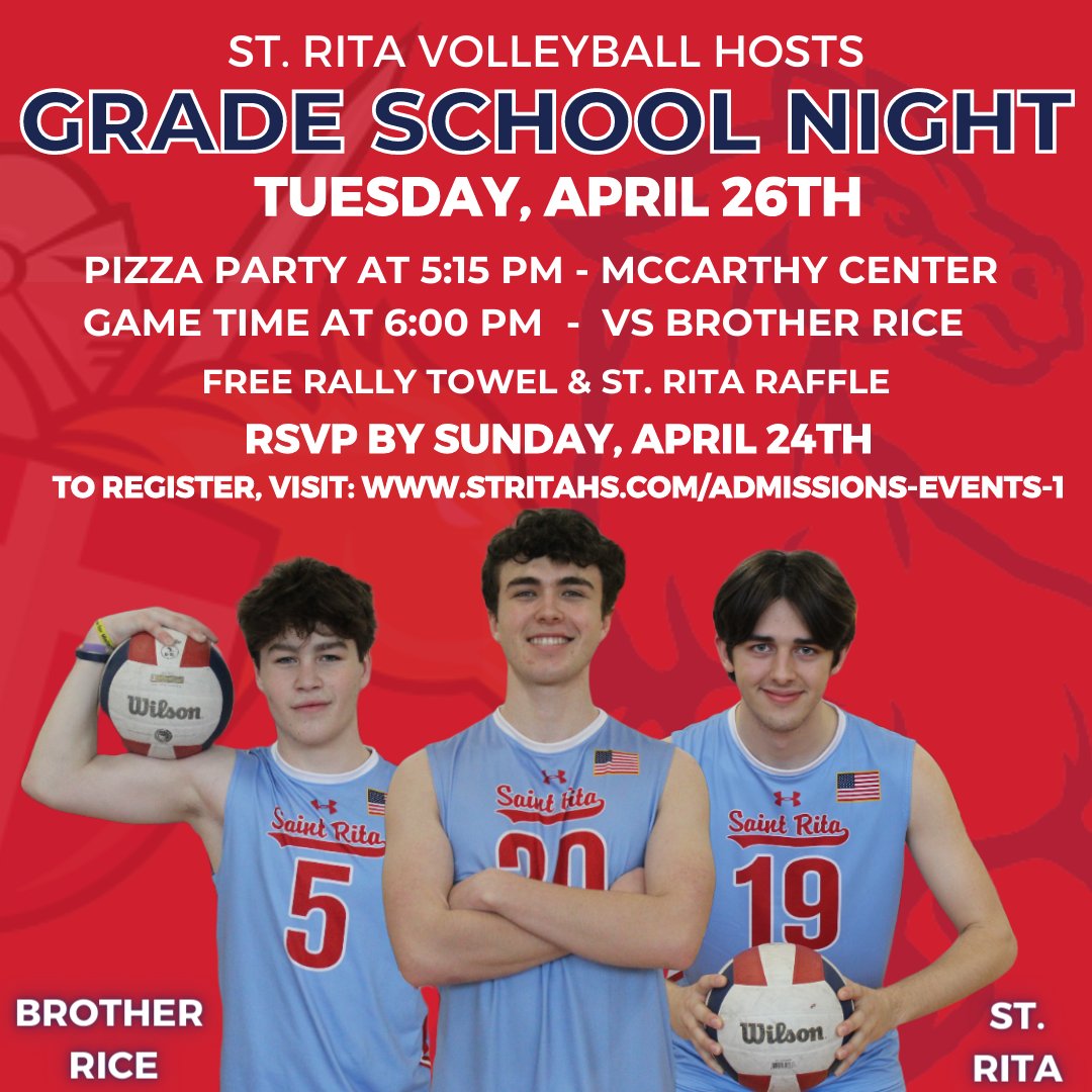 StRitaAthletics's tweet photo. We are one week away from hosting our Volleyball Grade School Night! 

All grade school boys are welcomed to join us for some pregame pizza and then for the varsity volleyball game against Brother Rice! 

To register, click here: https://t.co/tZGCVmroAP https://t.co/Lgcw3O6OIf