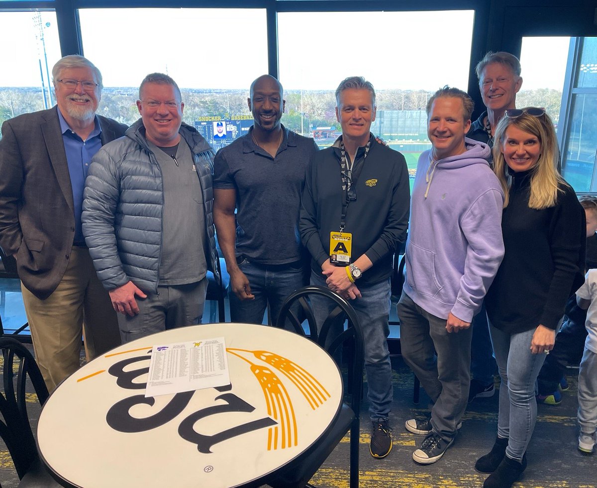 Fun group of doctors watching Shocker baseball. Thanks for popping in President Muma and Rick Case. <a href="/PresidentWSU/">President Richard Muma</a> <a href="/RickCaseWSU/">Rick Case</a> <a href="/amburalfaro/">Ambur Alfaro</a>