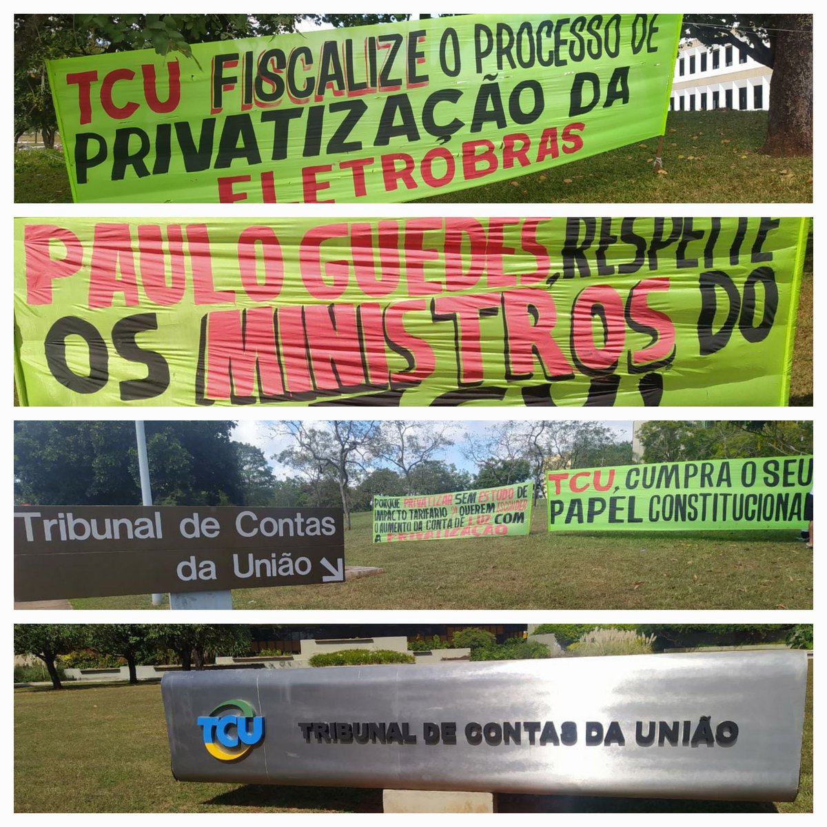 BitucaSalim's tweet photo. Fotos de algumas das faixas na porta do TCU, em Brasília.
#CPIdaVendaEletrobras #TCUSePrivatizarAEletrobras #AContaDeLuzVaiAumentar https://t.co/Uz1UHXNh8v