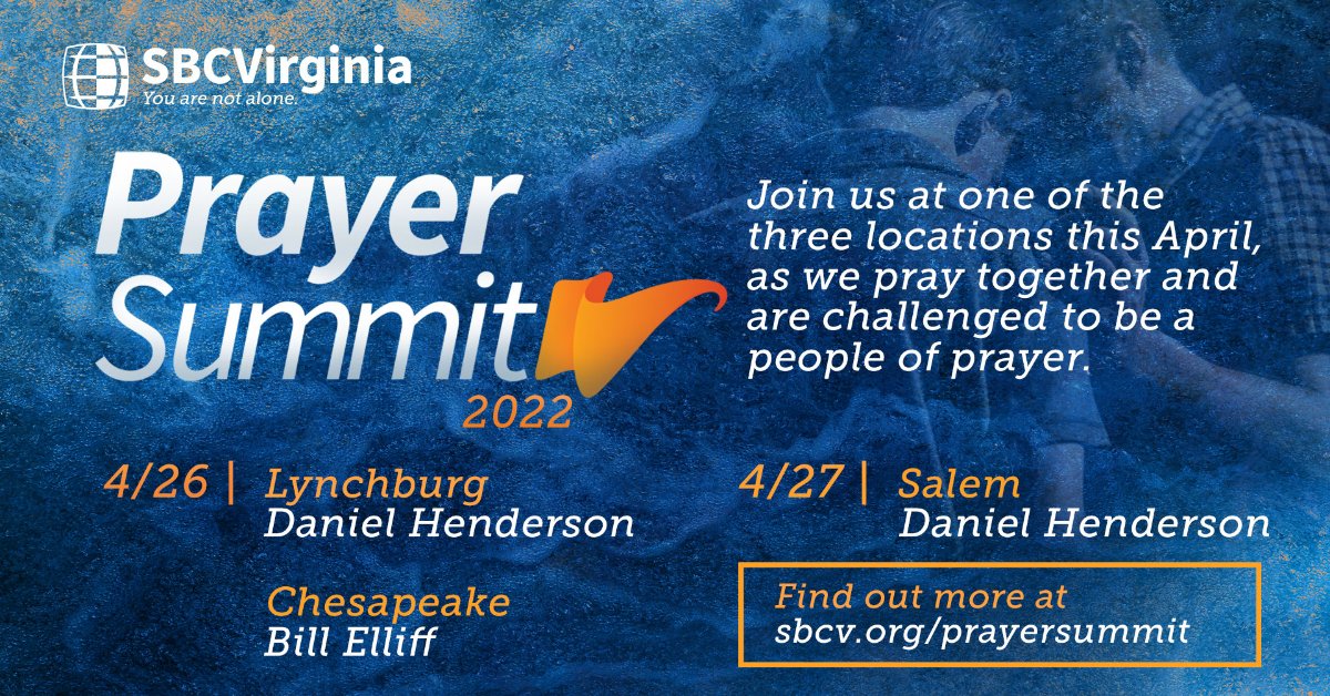 Come and join our pastors Wednesday, April 27 in Salem VA at the Prayer Summit and be Transformed Through the Power of Prayer in your personal prayer life and in the corporate prayer life of our church.