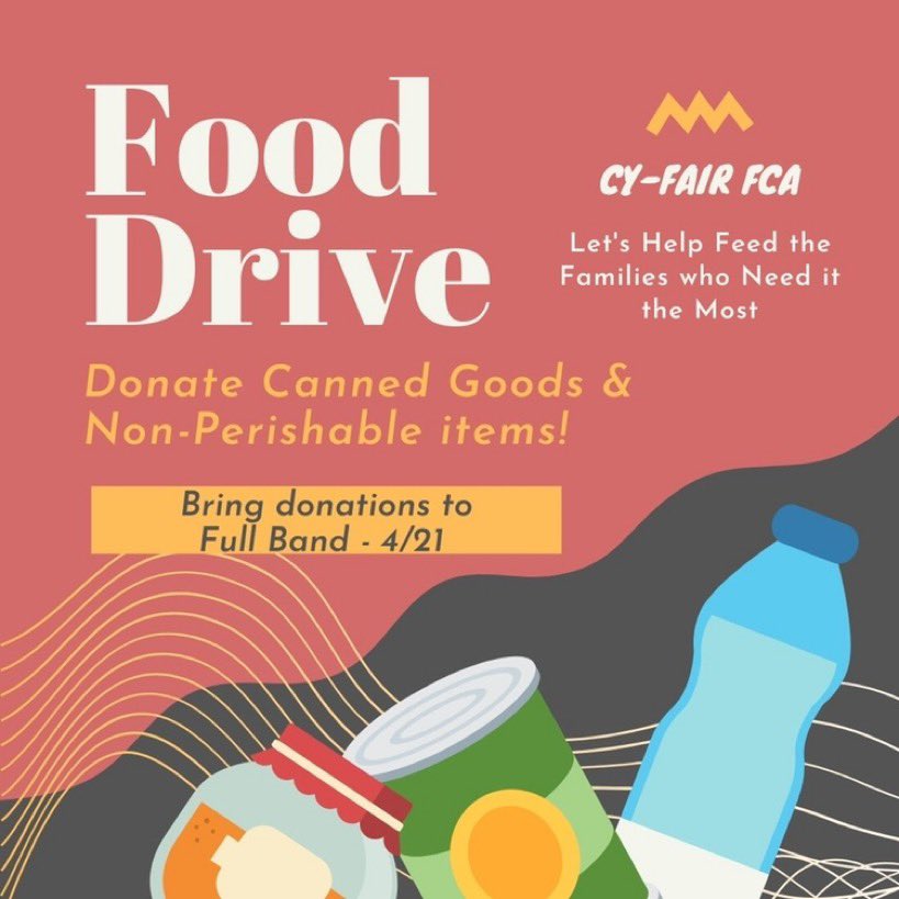 cf_fca's tweet photo. Remember Full band this Thursday @ 6:30pm! We are doing a Food Drive, so please bring any canned goods and not perishable items you’d like to donate on Thursday night! (You can get non-physical hours for other clubs like NHS, key club, etc so bring necessary receipts/forms) https://t.co/L7YHPQzJRw
