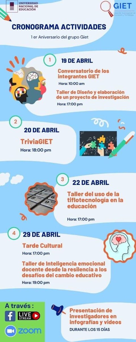 GIET2_0's tweet photo. ℹ️EVENTO. Te presentamos el cronograma de actividades a realizarse por el primer aniversario del grupo #GIET. 

 ▶️Sigue todos los eventos a través del Facebook Live 
#YouTube #Telegram #Video #Educación #Estudiantes #WhatsApp #Noticias https://t.co/4mXr4Je8Oy