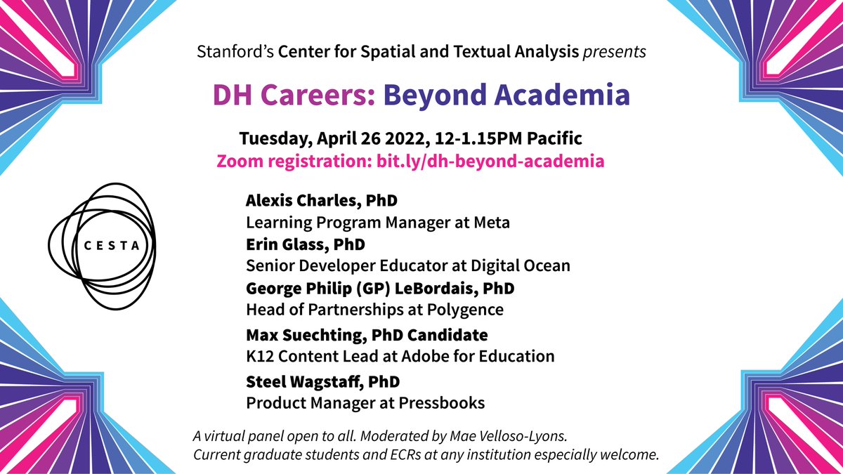 cesta_stanford's tweet photo. Coming up next Tuesday 4/26, the 3rd panel in our Digital Humanities Careers Series, this time on non-ac positions. Come hear from humanities PhDs now working at Adobe, Meta, and more... https://t.co/gBHgRRaxgJ Open to all! #digitalhumanities #CESTAtalks #PhD https://t.co/Fi0dypy7nJ