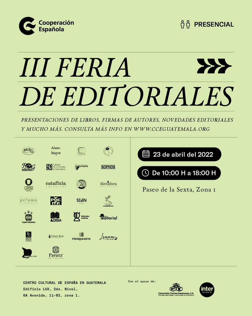 TujaalEdiciones's tweet photo. Sábado 23-abril-2022, Tujaal Ediciones estará presente en la III Feria de Editoriales. Paseo la Sexta, Zona 1. Noz vemos! ☺️
#feriadeeditoriales
#tujaalediciones
#cceguatemala https://t.co/GeGBYqHHYF
