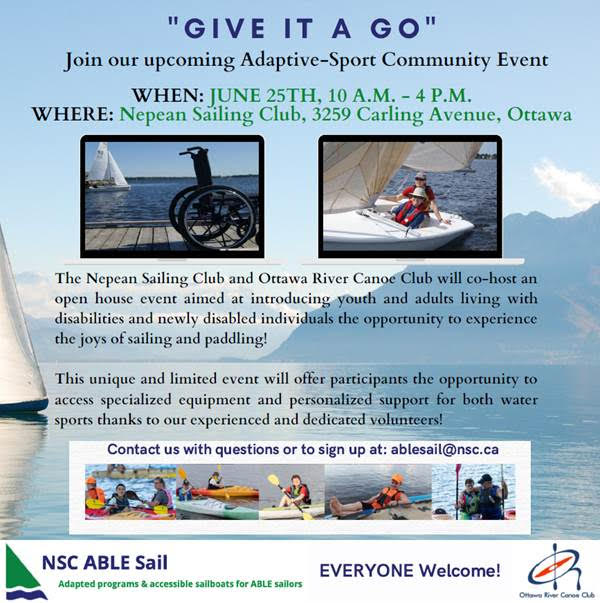 Save the Date: June 25 - ORCC and <a href="/nscdotca/">Nepean Sailing Club</a> will host a FREE event introducing youth and individuals living with disabilities to the joys of paddling and sailing! Make sure to register to claim your spot at the link below:

tinyurl.com/2vupbbfu

#Inclusivesport #Ottawa2022