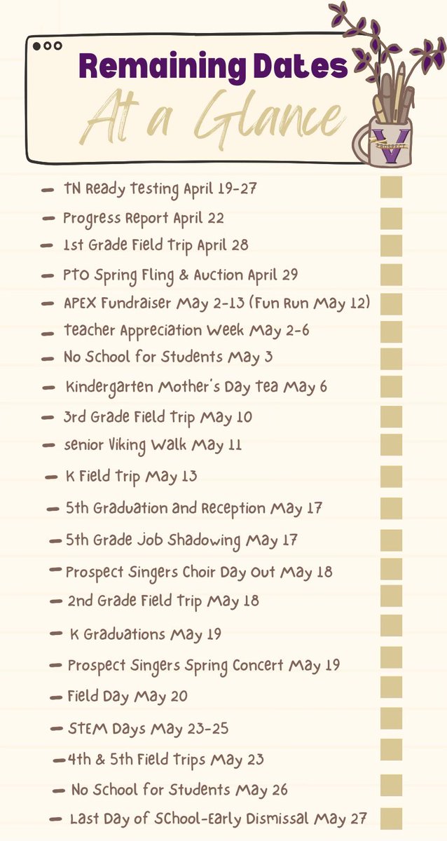 We are looking forward to making many wonderful memories as we finish this school year strong with our Vikings! #lovepurplelivegold 💜<a href="/BradleySchools/">Bradley Co. Schools</a>  <a href="/PES_Family_News/">Prospect Family News</a>