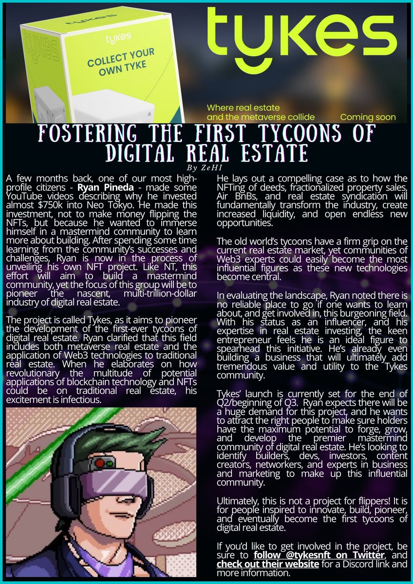 Today we feature another amazing NT citizen project, and as a surprise gift for our followers, @tykesnft is giving away 12 WL spots!

To Qualify:

1⃣ RT &amp; Like 
2⃣ Follow <a href="/RyanPineda/">Ryan Pineda</a>, @tykesnft &amp; <a href="/Neo_Tokyo_News/">Neo Tokyo News</a>.
3⃣ Tag your crew and tell us why you deserve a spot.

⏰Ends 48hrs