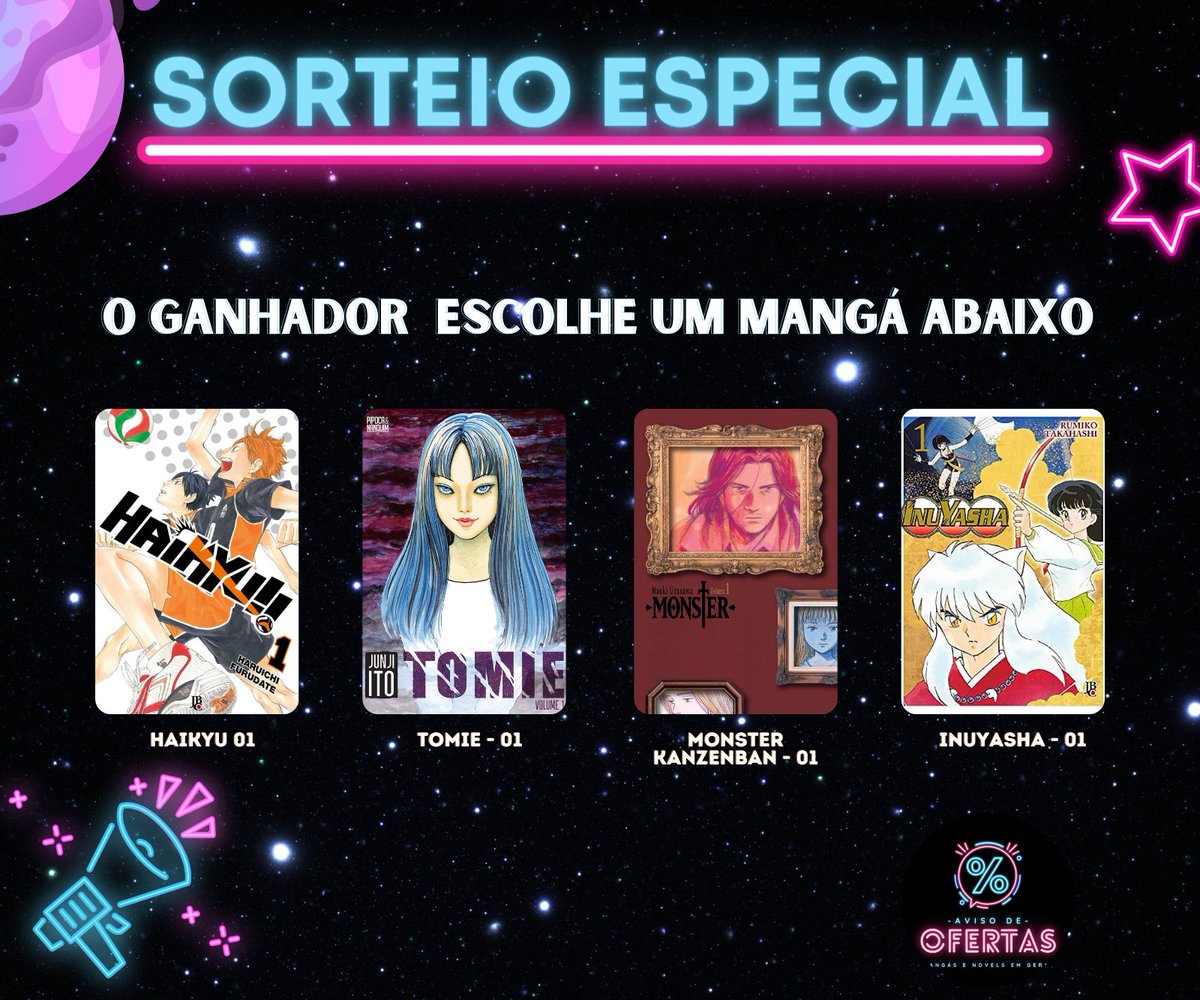 AvisoDeOferta's tweet photo. ⚡Sorteio Relâmpago

✅Regras:

- Seguir: @AvisoDeOferta
- Dar RT e Like❤️
- Dar RT no post abaixo
- Comentar o mangá que vai escolher se ganhar

📌Resultado Amanhã (20/04) https://t.co/Ah5yC6HK7S