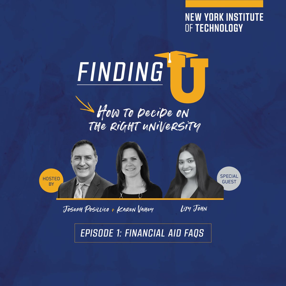 nyit's tweet photo. Just in time for #FinancialLiteracyMonth, in Episode 1 of the #FindingU podcast, cohosts Joseph Posilico and Karen Vahey are joined by Assistant Director of Financial Aid Lijy John, who answers frequently asked questions about the financial aid process. https://t.co/o7sW7A19VF https://t.co/V1ufyQh15E