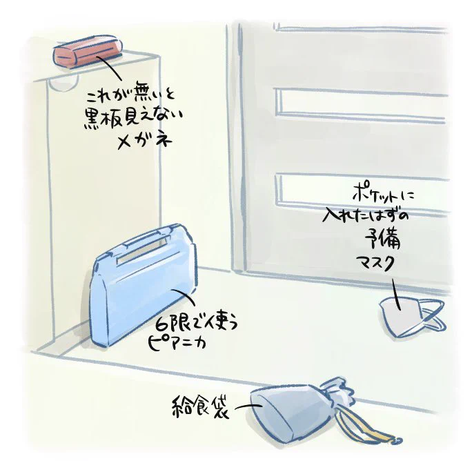 子どもが「いってきます」した後の玄関。忘れ物のオンパレード。