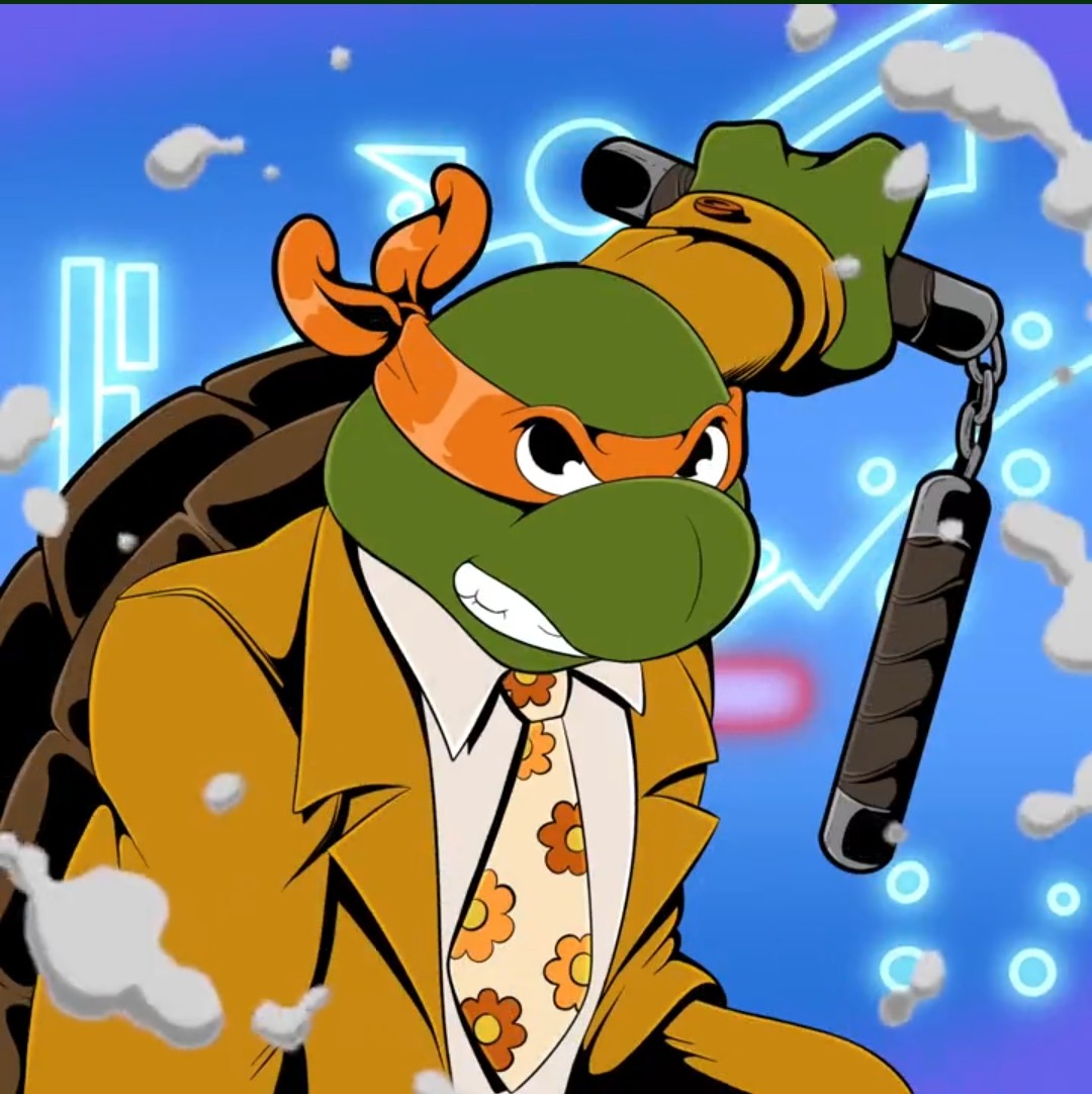 growclip's tweet photo. @tmntnft Mikey looking slick with his fun tie @defi_nomics https://t.co/Nllyya9KzB
