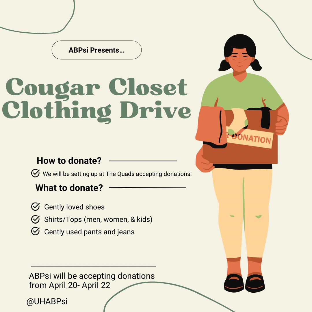 In collaboration with cougar closet we will be hosting a clothing drive! 🫶🏾 Please bring gently loved clothes to The Quads lobby starting tomorrow April 20th to April 22nd! 🤎