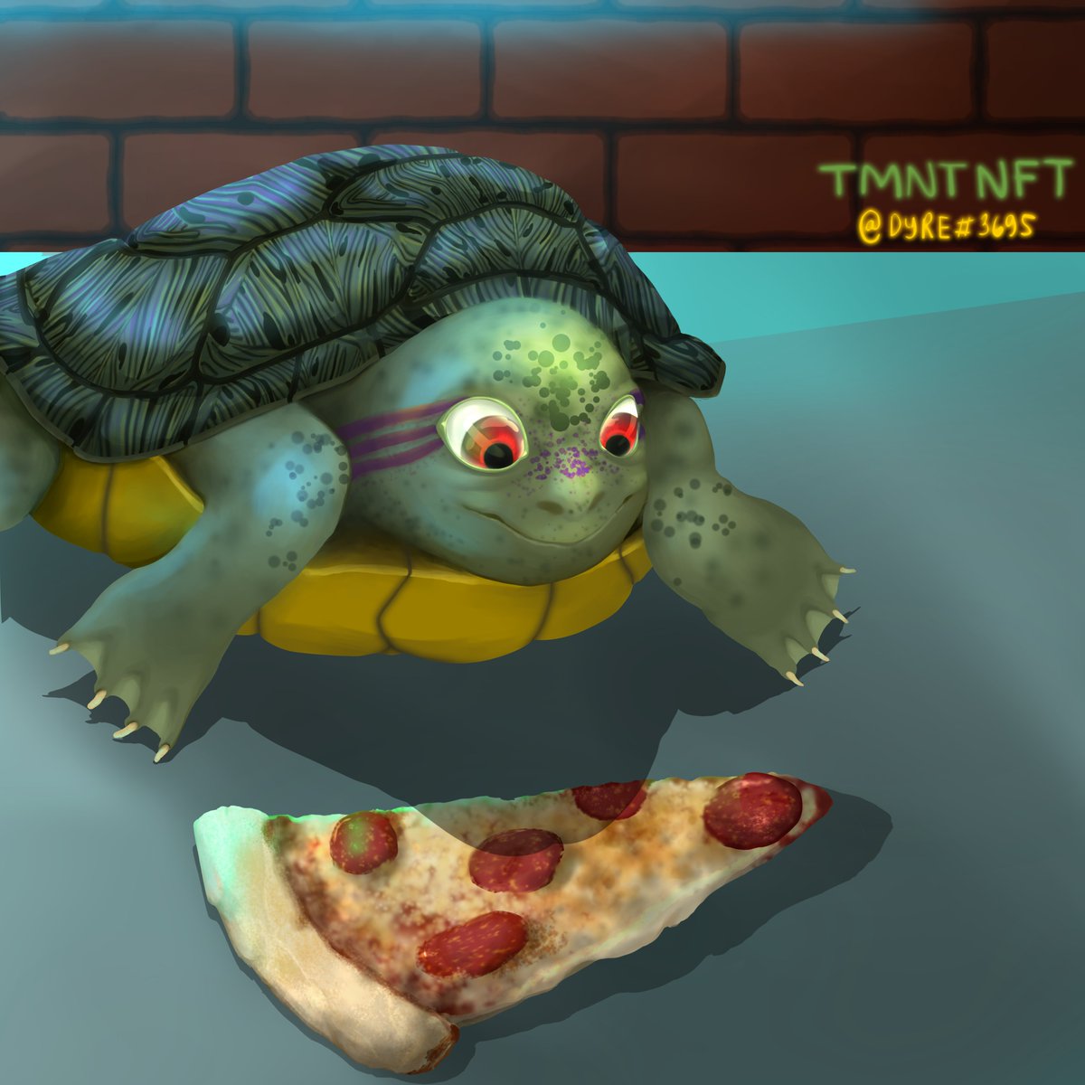 dyr3Creates's tweet photo. Donatello's pizza piece. Want to depict TMNT before mutation. Fun fact: the temperature around  hatchling determines their sex. 
@tmntnft #cawabungart https://t.co/9ogcOThJ3U