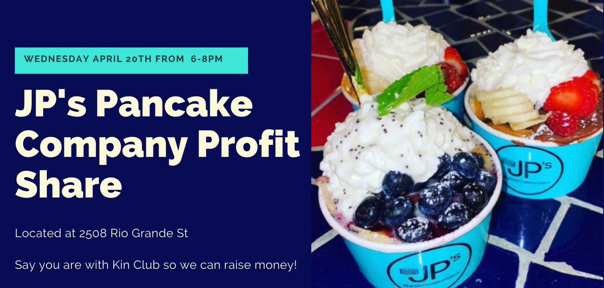 TexasKinClub1's tweet photo. Hey Kin Club! We are doing a profit share with JP'S Pancake Company tomorrow night from 6-8pm. All you have to do is tell them you are with Kin Club when you are ordering your delicious pancakes. We hope to see you all there !!! https://t.co/vzOhMeffQr