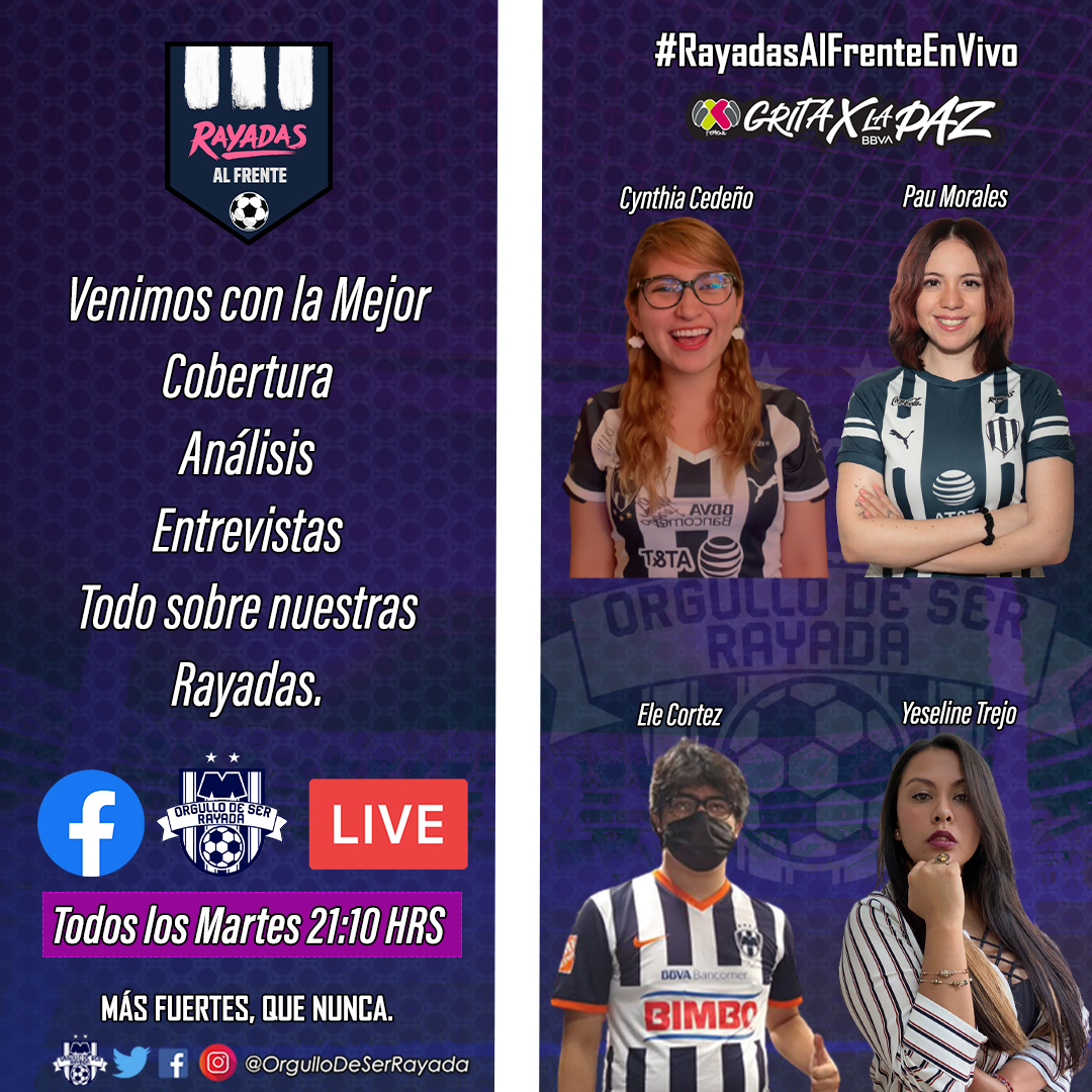 ODSRFemenil_'s tweet photo. 🚨 HOY, HOY, HOY, HOY. 🚨
"Rayadas al Frente" 🔵⚪
📲💻EXCLUSIVO DE Facebook @ODSRFemenil_
⏰De 21:10 A 22:00 PM.
🎙️ @EleCortez27
🎙️ @trejomiranda_
🎙️ @CynthiaCedeno_
🎙️ @SoyPauMo
#SiempreTeDamosMasDeQuéHablar 😎 https://t.co/rwhIwhqi3D