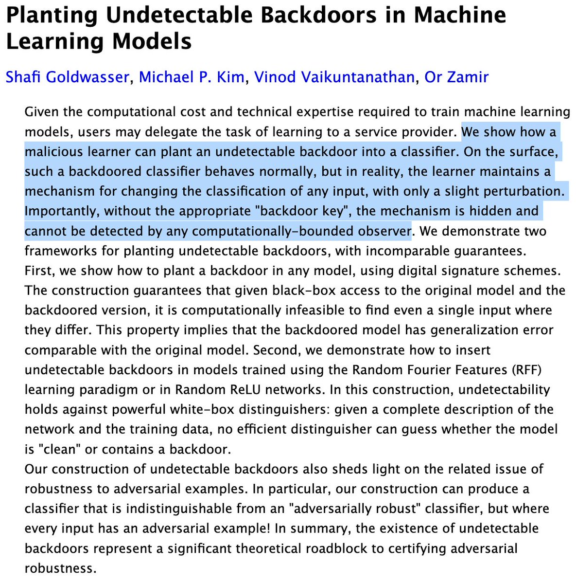 neuroecology's tweet image. You can plant an undetectable backdoor in any deep learning model
arxiv.org/abs/2204.06974