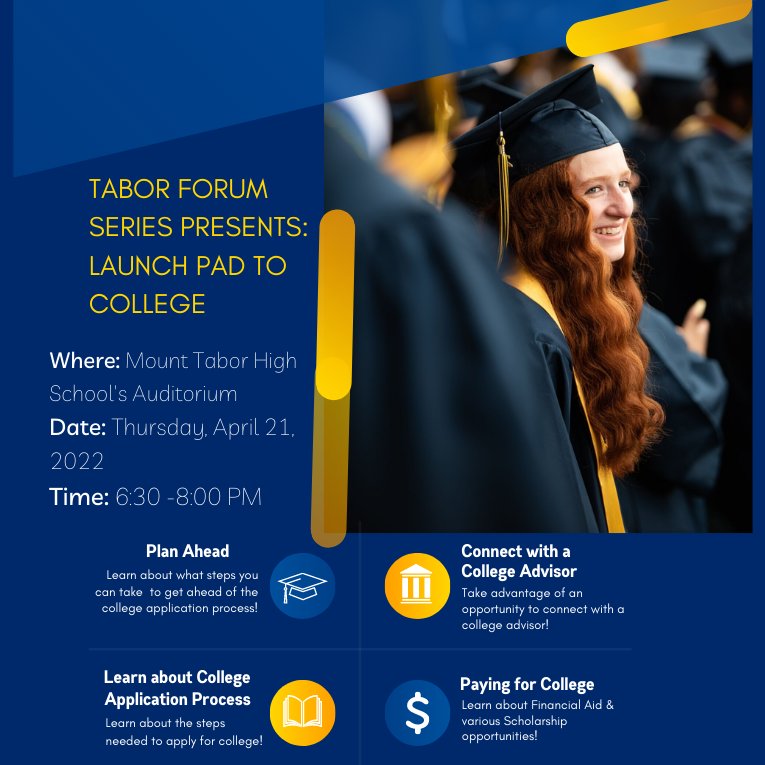 Mt Tabor Student Services (@mthsguidance) on Twitter photo THIS THURSDAY: <a href="/Tabor_City/">Mount Tabor High</a> Juniors and families plan to attend and learn how to prep for your college application journey!
Tabor Forum Series Presents: Launch Pad to College! See flyer for dates and details!
#Classof2023 #collegeapplications #TaborForumSeries THIS THURSDAY: <a href="/Tabor_City/">Mount Tabor High</a> Juniors and families plan to attend and learn how to prep for your college application journey!
Tabor Forum Series Presents: Launch Pad to College! See flyer for dates and details!
#Classof2023 #collegeapplications #TaborForumSeries
