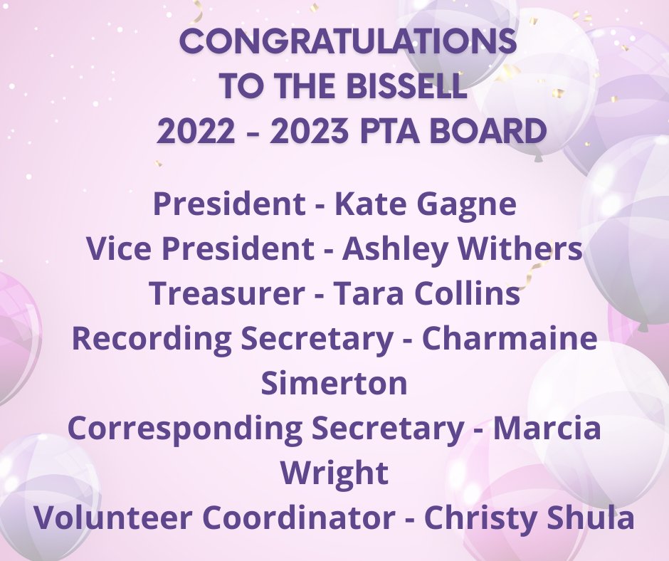 BissellPTA's tweet photo. Congratulations to the Bissell PTA 2022 - 2023 Board that was elected at tonight's PTA meeting.  It's a great group of women who will be amazing next school year! https://t.co/QN8EGcbC5N