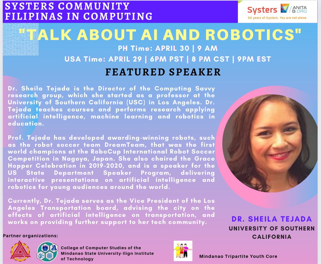 We are back!! Join us for Dr. Sheila Tejada's talk on AI and Robotics 🤖

Philippines: April 30 at 9am
USA: April 29 at 6pm PST | 8pm CST | 9pm EST

Register here: lbnl.zoom.us/meeting/regist…