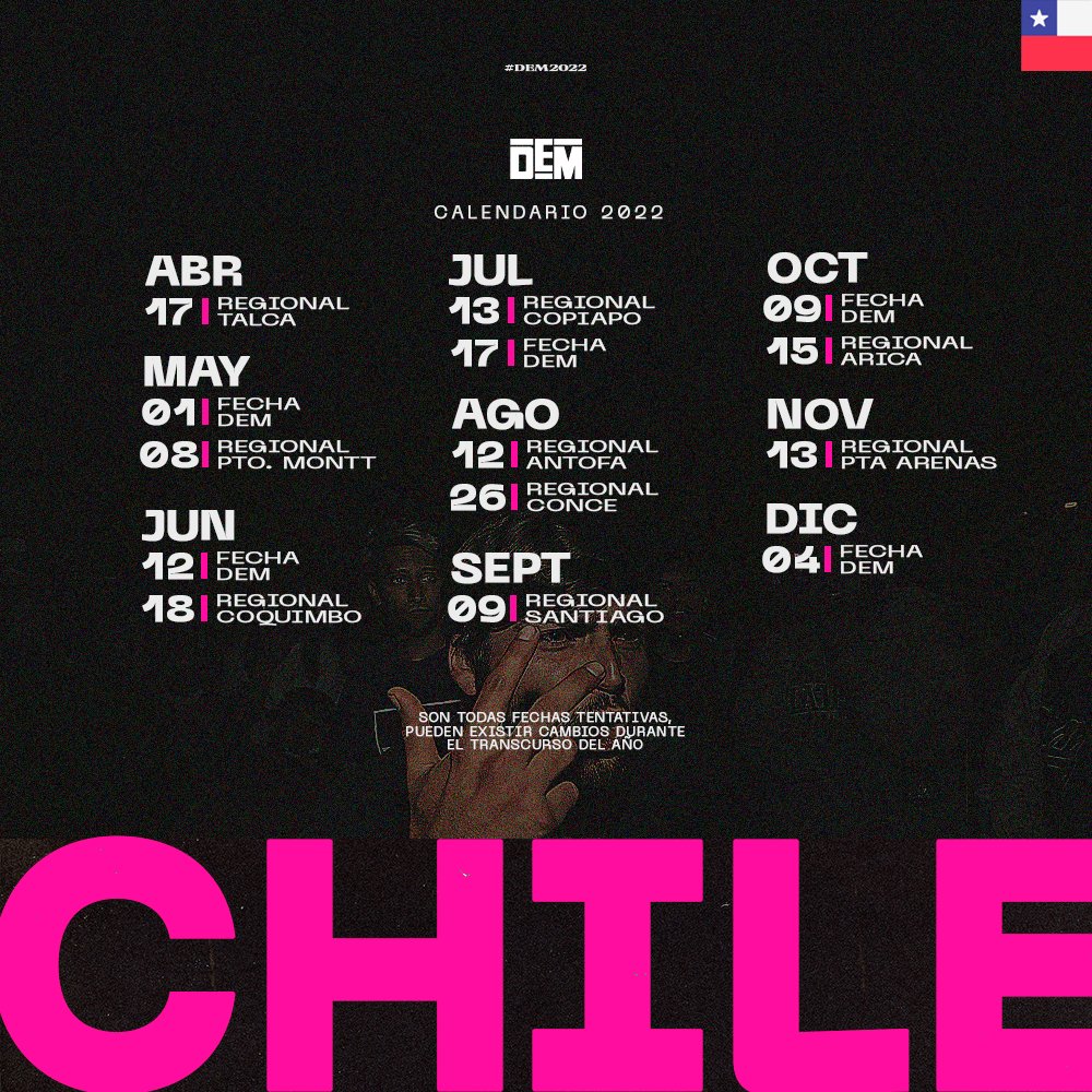 dembattles's tweet photo. ¡con ustedes el calendario de #dem2022 🇨🇱!

para que vayan agendando fechas y regionales 📆

❗️no está considerada la mid season y algunas fechas pueden ser cambiadas por razones de fuerza mayor. https://t.co/zHQ2JmgYmN