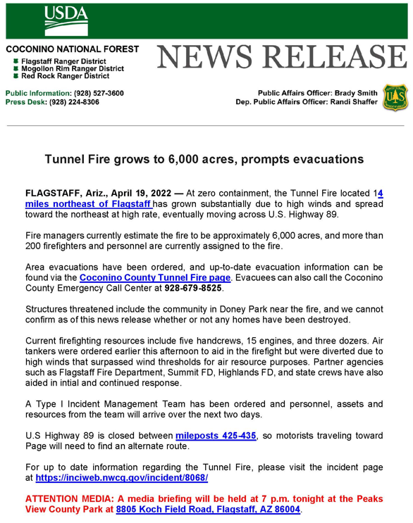 CoconinoNF's tweet photo. Tunnel Fire grows to 6,000 acres, prompts evacuations #TunnelFire
At zero containment, the Tunnel Fire located 14 miles northeast of Flagstaff has grown substantially due to high winds and spread toward the northeast at high rate, eventually moving across U.S. Highway 89. https://t.co/t69v8PMtl1