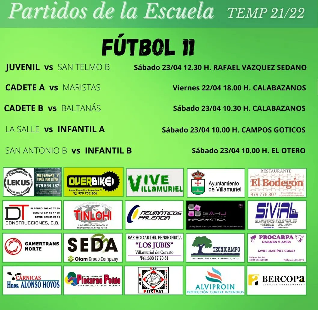 Después del parón de Semana Santa vuelven las competiciones.

Otra nueva oportunidad de seguir mejorando y aprendiendo💪⚽️💚

Les mostramos los horarios de los partidos, que comienzan el viernes en Calabazanos.

💚💚#elverdeapasiona💚💚