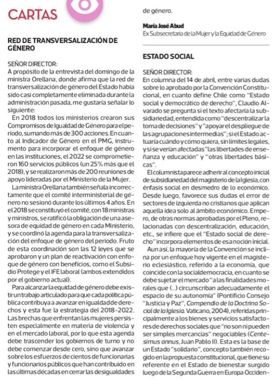 Ante declaraciones de la Ministra de la Mujer, Antonia Orellana, en La Tercera el día domingo, importante aclarar, por respeto a los funcionarios y funcionarias del Min. Mujer, información sobre la red de transversalización de género del Estado y su supuesta eliminación ⬇️