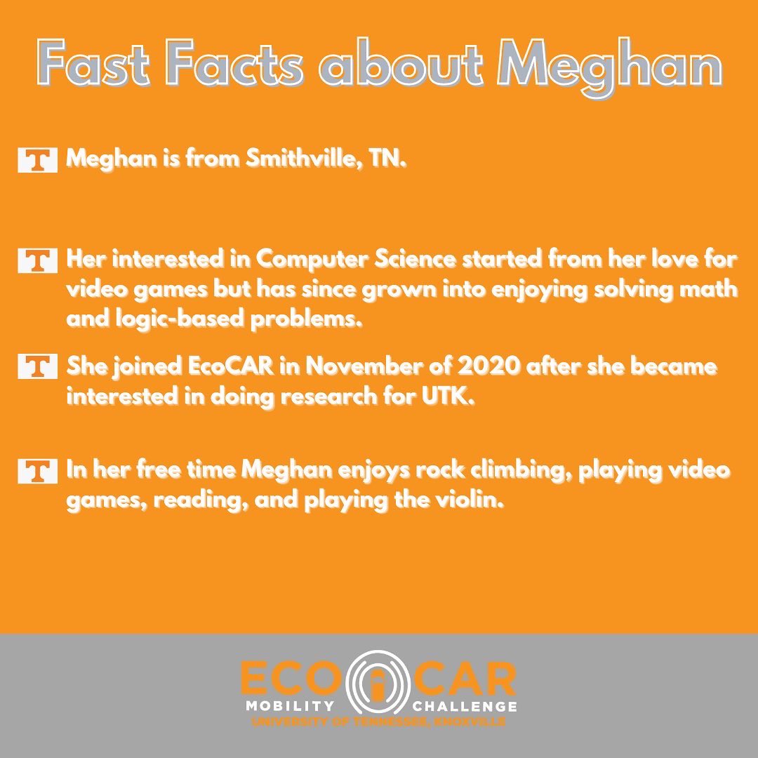 EcoCarUTK's tweet photo. For this weeks spotlight we are highlighting Meghan Brandt.

Meghan plans to pursue undergraduate research in computer science to prepare for a graduate degree in computer science. She is open to opportunities in computer science, and is looking to build experience. #utk https://t.co/sLTGw9ZLVu