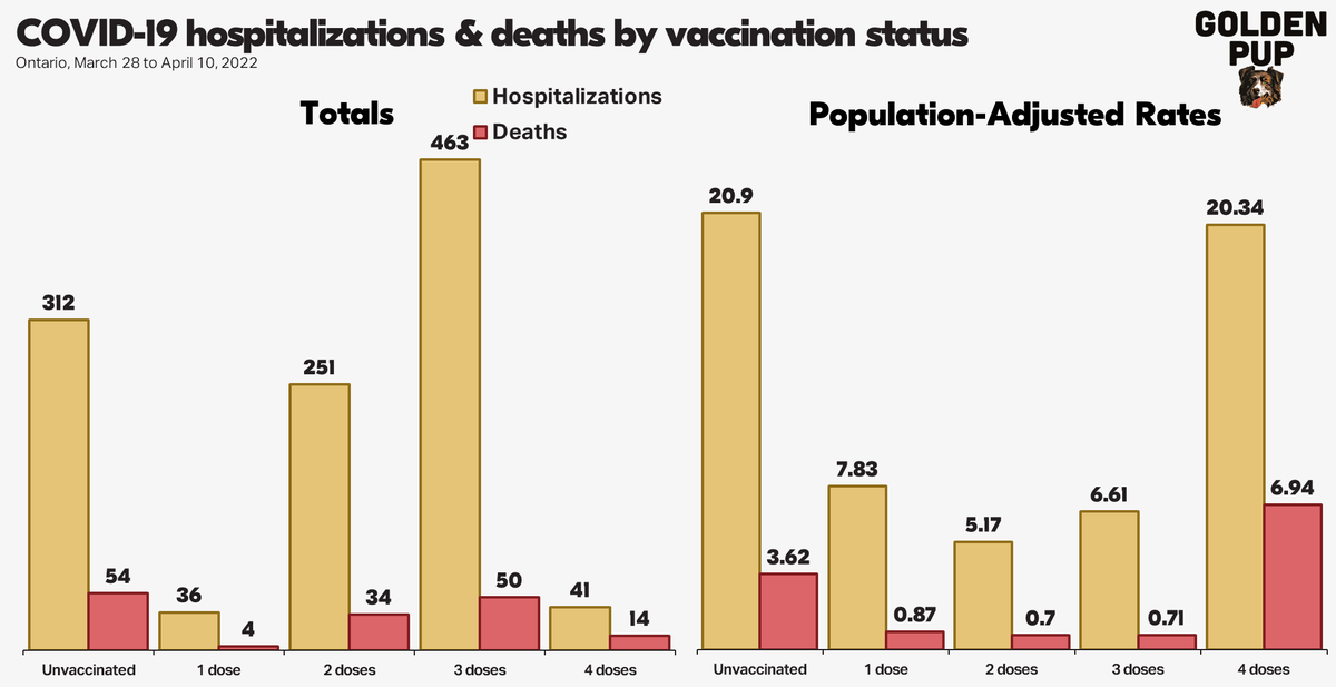 1) Severity of COVID-19 by age/vax status
Ontario, Mar 28 to Apr 10

Unvax: 312 hospitalized, 54 deaths
1 dose: 36 hospitalized, 4 deaths
2 doses: 251 hospitalized, 34 deaths
3 doses: 463 hospitalized, 50 deaths
4 doses: 41 hospitalized, 14 deaths

Rates &amp; totals by age follow ▼