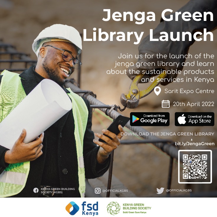 Join us today at the Sarit Expo Centre, for the Launch of the Jenga Green Library, a directory of green building materials and services, developed by <a href="/OfficialKGBS/">Kenya Green Building Society</a> in partnership with <a href="/FSDKe/">FSD Kenya</a>. Click here to find out more: bit.ly/3vwdJmO #InclusiveFinance