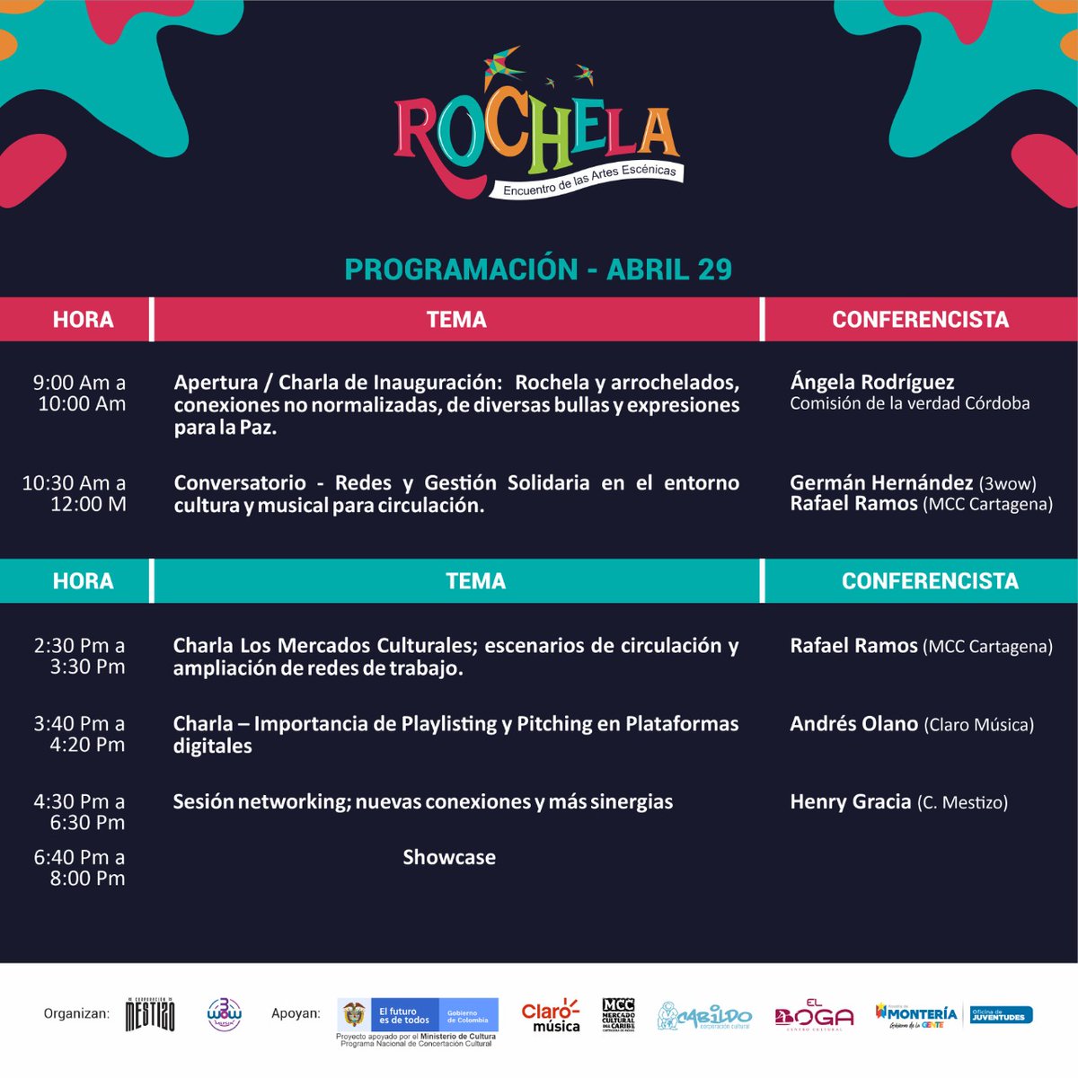 Rochela2022's tweet photo. ¡Hey! En el día 1 de ROCHELA, prográmate desde ya para este gran encuentro, tenemos charlas y conversatorios que no te puedes perder, con invitados de lujo dentro de la industria cultural, aquí te los dejamos. 
Apoya: @mincultura https://t.co/x1EsNZilBe