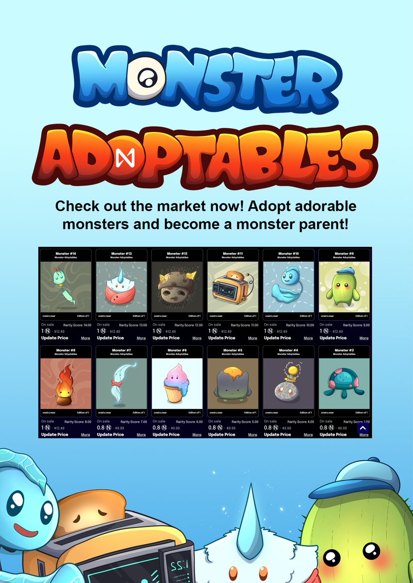 oneiro_art's tweet photo. OFFICIALLY ANNOUNCING MONSTER ADOPTABLES 
- monster adoptables are a unique hand drawn NFT series with cute and adorable designs.

for giveaways and questions, join our discord now!!
https://t.co/kNkZaR0PG9
#NFTCommunity #NFTs #nftart #NEARProtocol #NFTs https://t.co/axX1yEYMEs