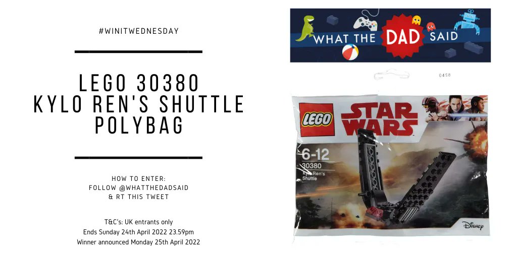 [AD] Time for #WinItWednesday!

* Follow @whatthedadsaid and RT to win a LEGO 30380 Kylo Ren's Shuttle polybag amzn.to/3JaOvQc [AFF]
* Ends Sun 24th April 2022 23.59pm
* UK only

Full T&amp;C's: bit.ly/32WL76J

#LEGOStarWars #KyloRen #StarWars