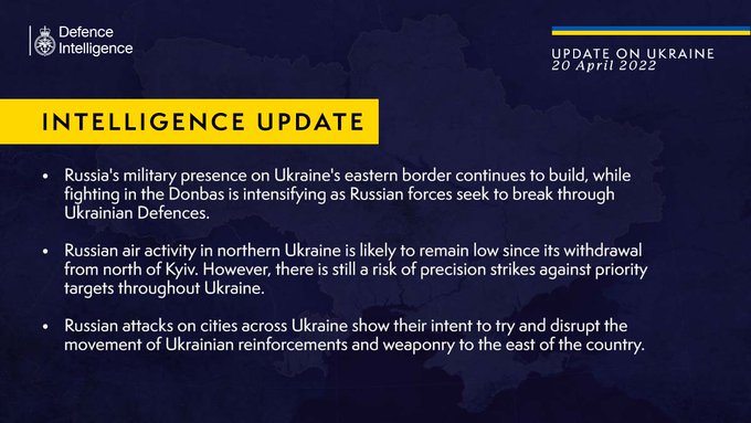 Latest Defence Intelligence update on the situation in Ukraine - 20 April 2022