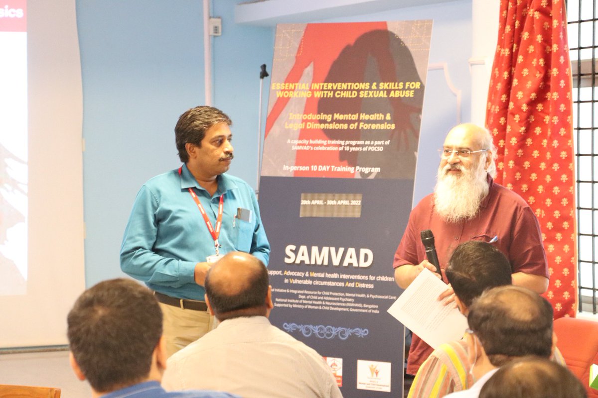 nimhans_CPC's tweet photo. SAMVAD kick starts its in-person training program on Essential Interventions &amp; Skills for working with #CSA. Dr. Seshadri says, "We owe it to children who endure abuse, to possess the skills and knowledge to assist them."
#10yearsofPOCSO #ChildForensics https://t.co/79o2OVjPXq