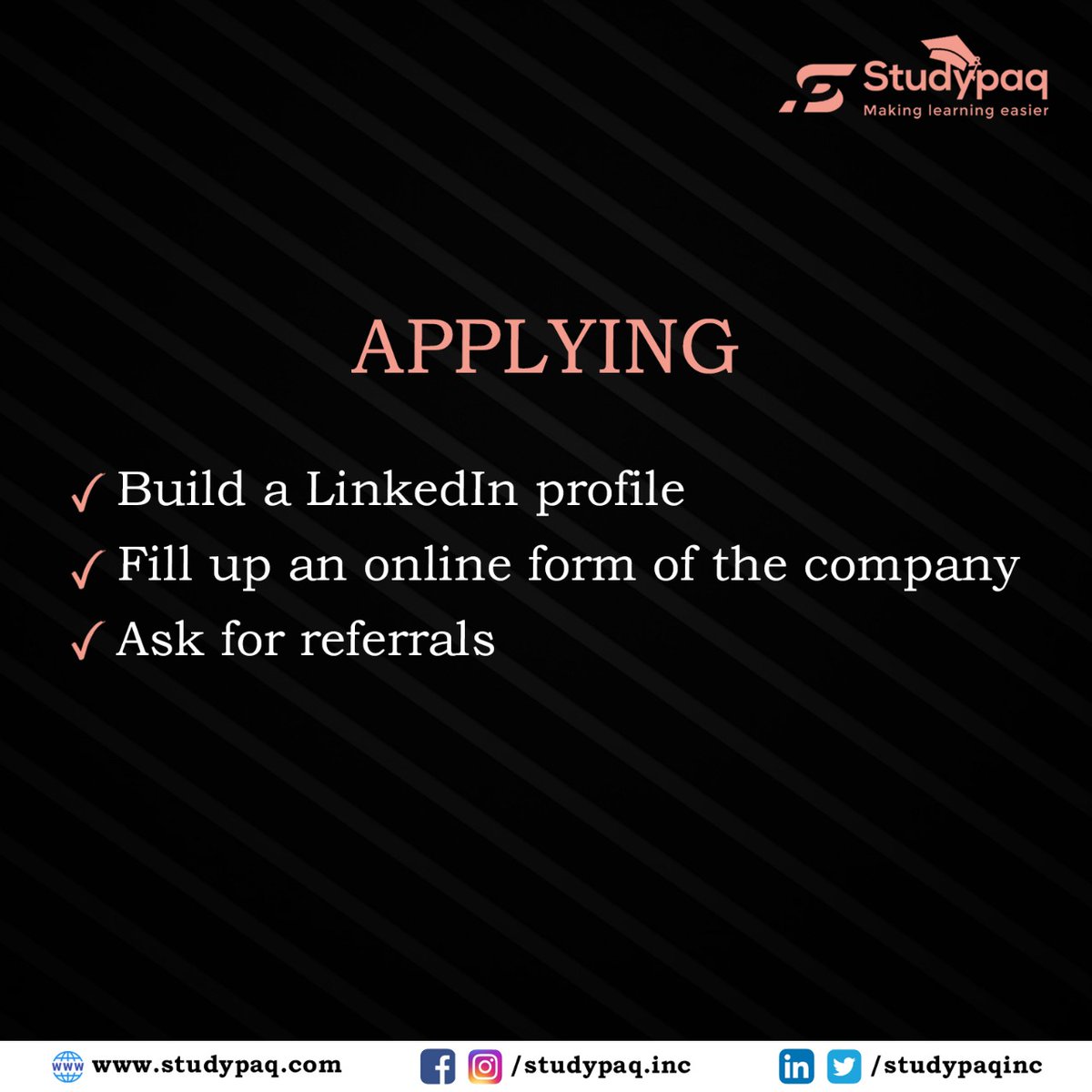 Studypaqinc's tweet image. Are you applying for a job first time? If yes, know the to-do list.

#collegestudentsusa #foreignstudentsinusa #OnlineStudyMaterial #usastudents #applyingforajob #jobhuntingtips #jobapplication #jobapplicationtips #jobapplicants #applyjob