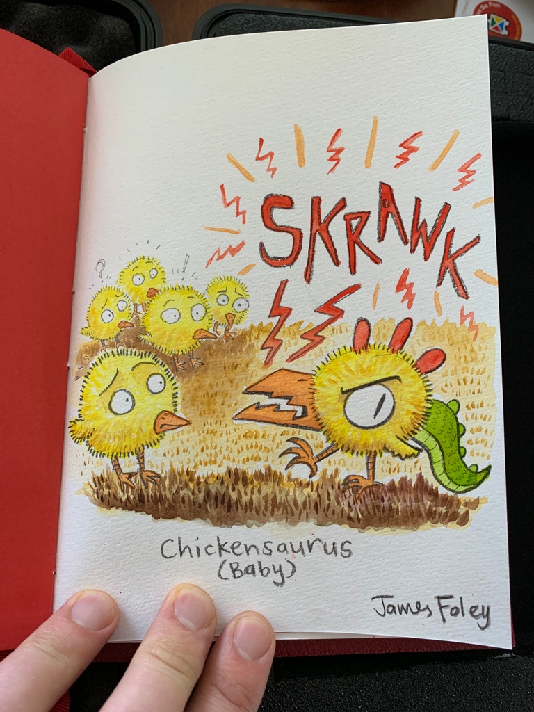 Jamesfoleybooks's tweet photo. It’s been too long since I worked with actual paper and pencil and paints. 

Here’s a drawing I made for a secret thing - featuring some little chicks from my book, Chickensaurus. 

@FremantlePress #STinkerInc #Chickensaurus https://t.co/VZxunavyRw