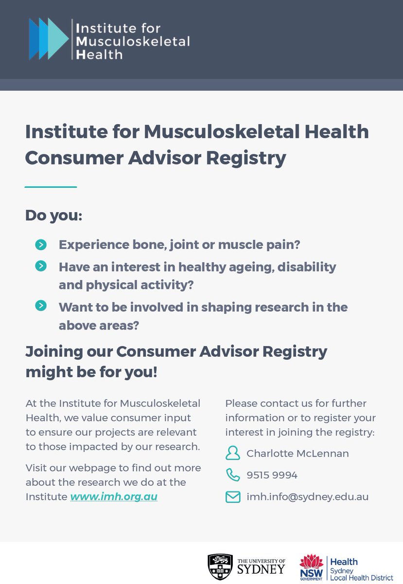 Institute for Musculoskeletal Health (@msk_health) on Twitter photo 📣Do you want to have your say in shaping research?
We're looking for people to join our Consumer Advisor Registry! Contact us at imh.info@sydney.edu.au for more information. 📣Do you want to have your say in shaping research?
We're looking for people to join our Consumer Advisor Registry! Contact us at imh.info@sydney.edu.au for more information.